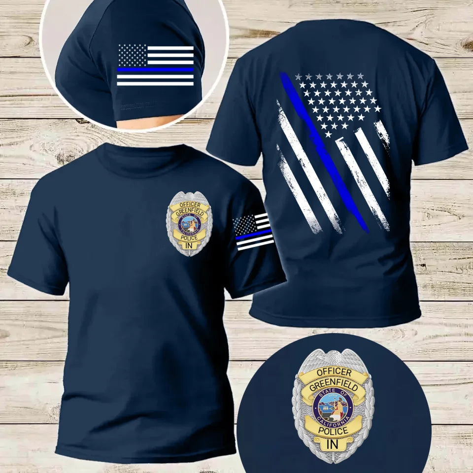 Personalized US Police Badge US Flag Blue Line T-shirt Printed