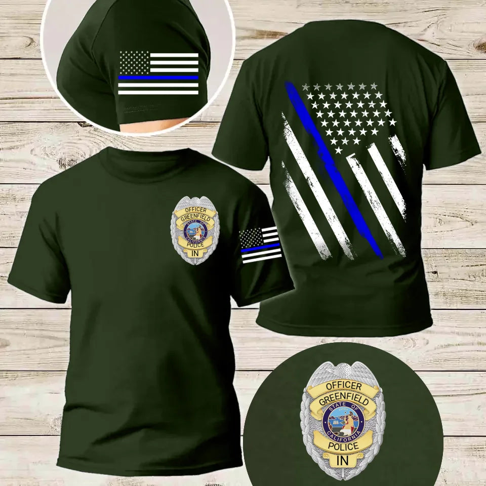 Personalized US Police Badge US Flag Blue Line T-shirt Printed