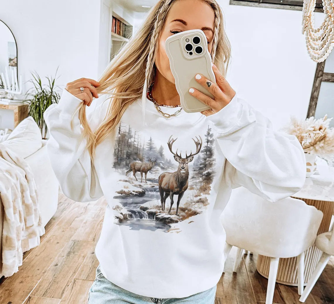 Retro Deer Wilderness Scene Sweatshirt - Nineties Vintage Buck And Doe Deer Outfit - Boho Unisex Crewneck Sweatshirt